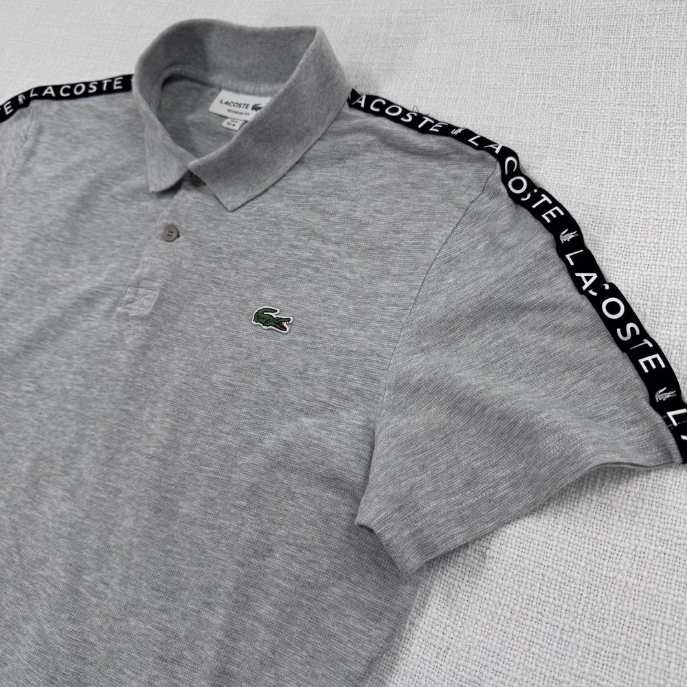 Lacoste Mens Medium Regular Fit Polo Shirt Gray Logo Tape Shoulder Sleeve - Picture 3 of 10